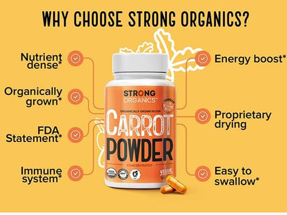 Side profile of Strong Organics 120 count carrot capsule bottle