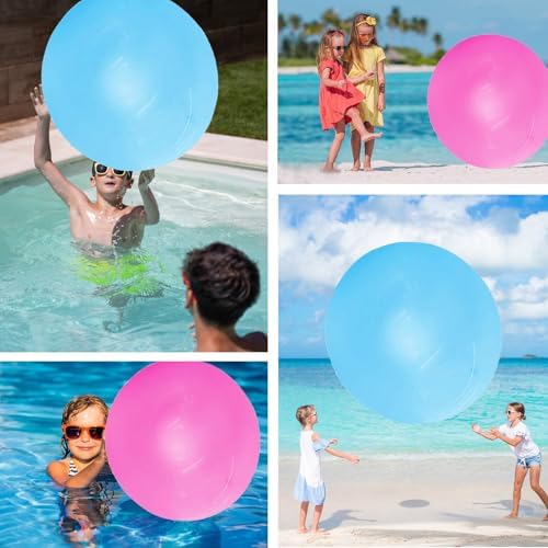 Giant water filled bubble balloon resting on grass during a garden birthday celebration.