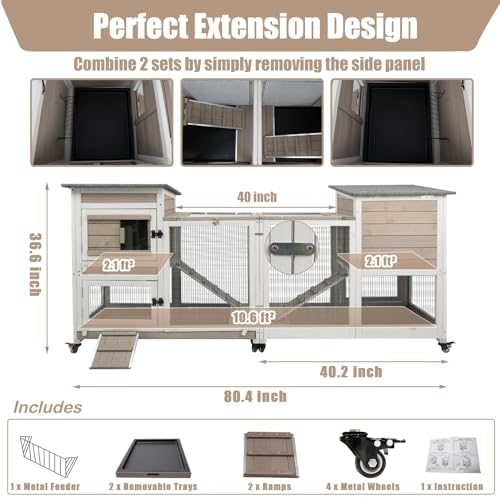 PetsCosset Rabbit Hutch Indoor 40" L Large 2 Story Outdoor Wooden Bunny Hutch with Run, 4 Metal Wheels & 2 Deeper Trays, UV-Proof Panel Rabbit Cage Guinea Pig Pet House for Small-Medium Animals - Image 6