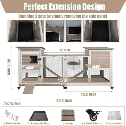 PetsCosset Rabbit Hutch Indoor 40" L Large 2 Story Outdoor Wooden Bunny Hutch with Run, 4 Metal Wheels & 2 Deeper Trays, UV-Proof Panel Rabbit Cage Guinea Pig Pet House for Small-Medium Animals - Image 6