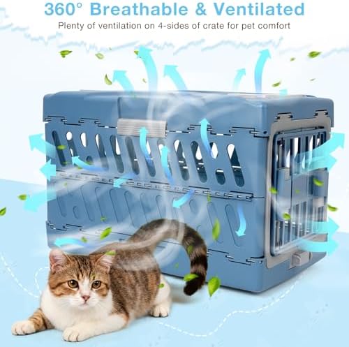 HWAEYEM authentic blue plastic pet crate side view with puppy inside