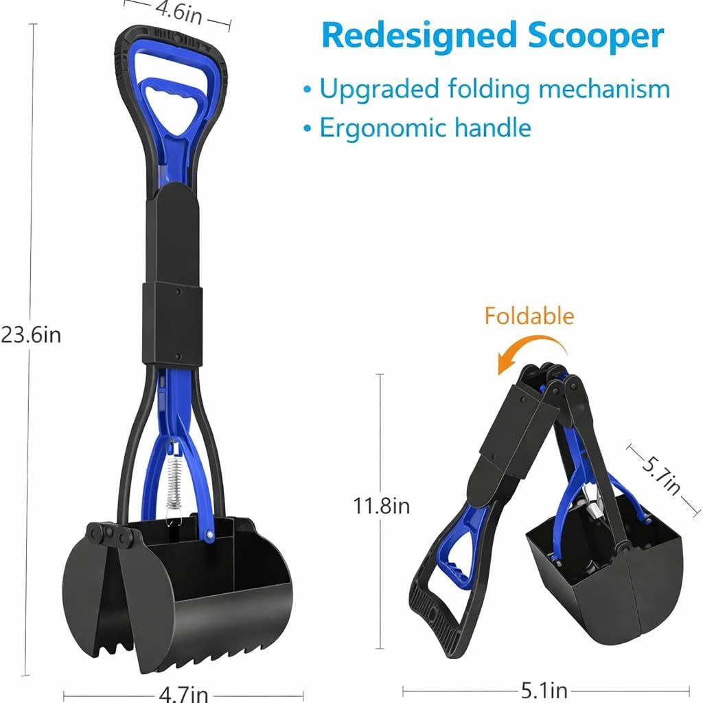 Upsky 24 inch long handle pet scooper being used to clear waste on a backyard grass lawn
