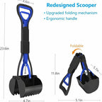 Upsky 24 inch long handle pet scooper being used to clear waste on a backyard grass lawn