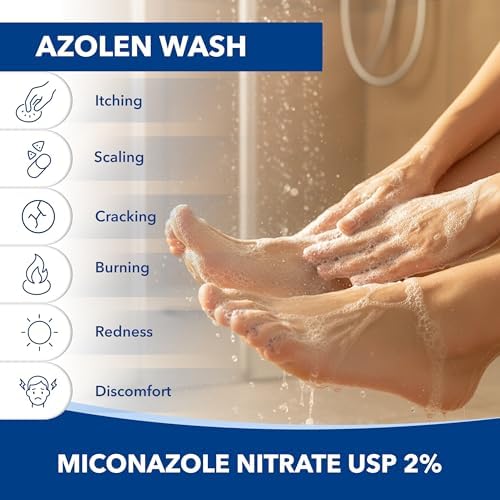 Azolen Antifungal Wash 6 Ounce bottle displaying active ingredient 2 percent miconazole nitrate for athlete's foot relief.