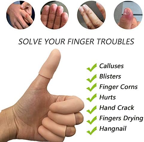 Close up of a medium nude silicone finger cot applied to a thumb showing flexible fit.