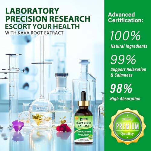 Authentic premium kava root extract liquid supplement bottle on clean background.