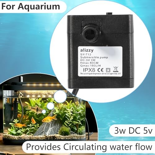 Alizzy 180 Liters per Hour submersible pump running quietly inside a tabletop fountain setup.