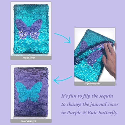 Hand demonstrating the flip sequin feature on the butterfly journal.