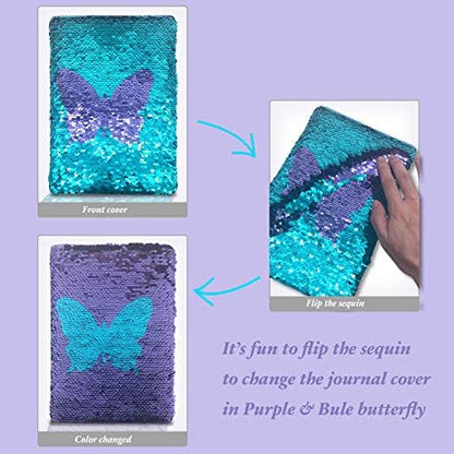 Hand demonstrating the flip sequin feature on the butterfly journal.