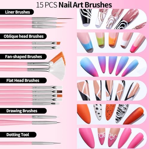 Detailed view of pink-handled nail art brushes from Fandamei