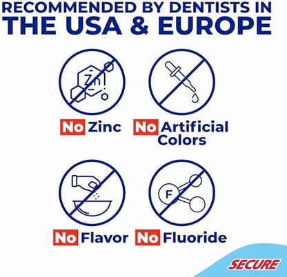 Back of Secure denture adhesive packaging showing directions for upper and lower applications