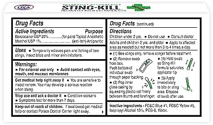 Sting-Kill disposable anesthetic swabs individual packaging for bee sting and mosquito bite treatment