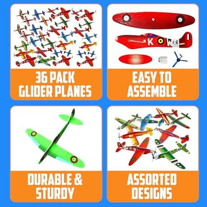 Bedwina 36 Pack 8 Inch Bomber Airplane Gliders showing the twelve different World War II designs.