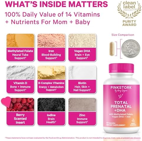 Pink Stork prenatal vitamins bottle showing key nutrient labels