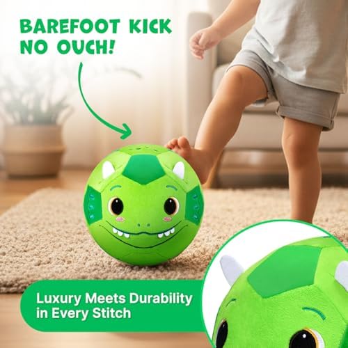 JoyCat quiet toddler soccer toy details showing embroidered face and felt horns