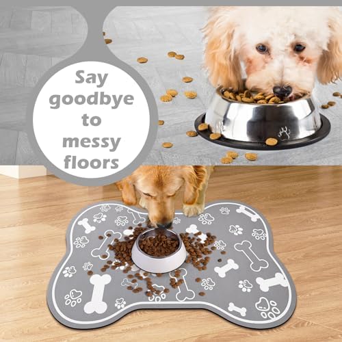 Grey bone shaped pet feeding mat with paw prints