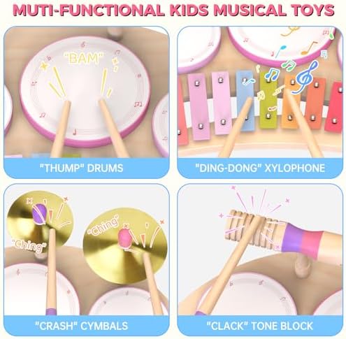 Side view of the Rmischolar pink unicorn theme premium wooden drum set toy.