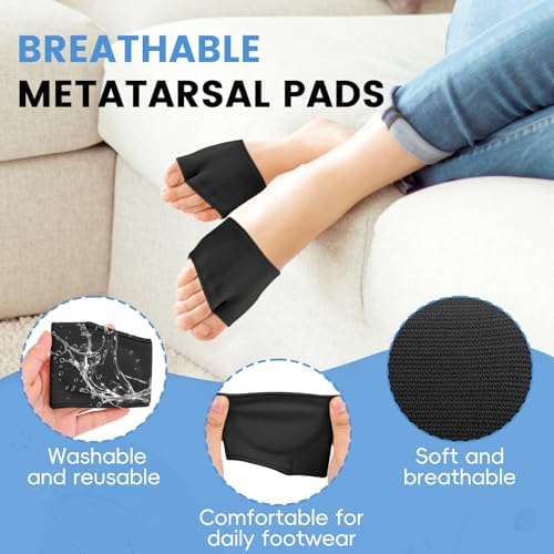 Soft gel metatarsal sleeve being worn on a foot for pain management.