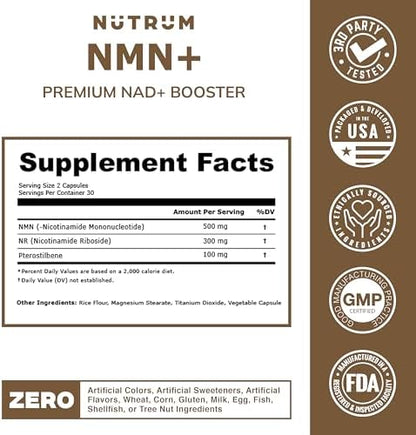 Authentic Nutrum USA imported longevity supplement packaging indicating third party purity testing verification.