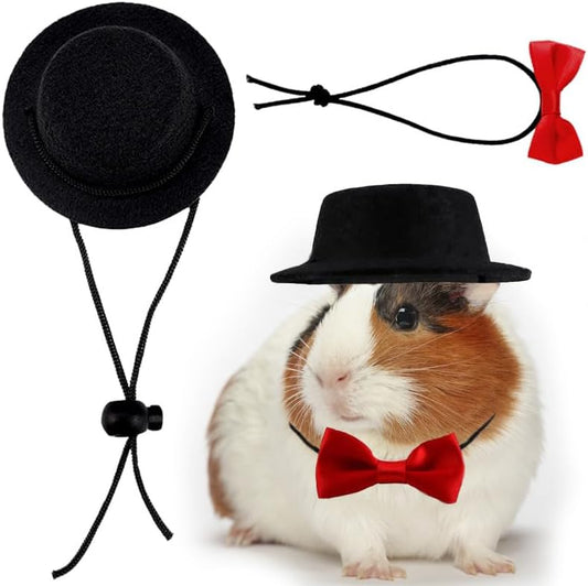Hokable small animal costume set featuring a black felt hat and red bow tie on a guinea pig.