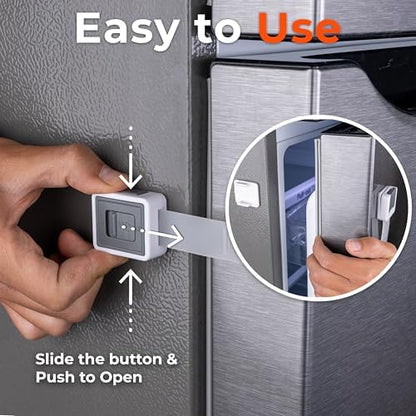 Adjustable refrigerator lock for kids being unlocked easily with one hand by an adult.