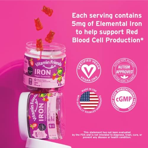Vitamin Friends allergen free daily iron and zinc multivitamin bottle highlighting certified vegan logo.