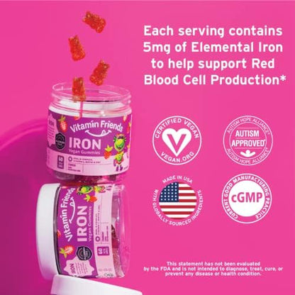 Vitamin Friends allergen free daily iron and zinc multivitamin bottle highlighting certified vegan logo.