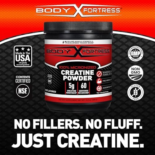Body Fortress sports nutrition powder jar on workout background
