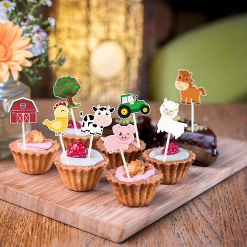 Kids farm birthday party dessert table with toppers