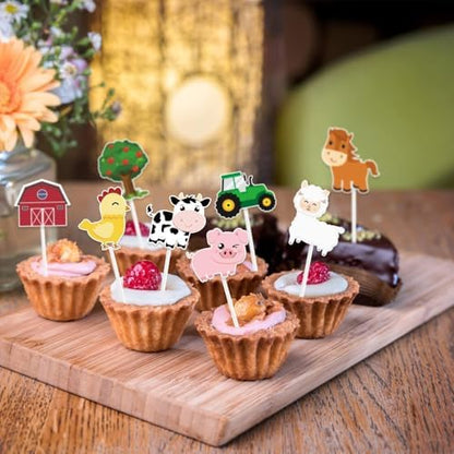 Kids farm birthday party dessert table with toppers