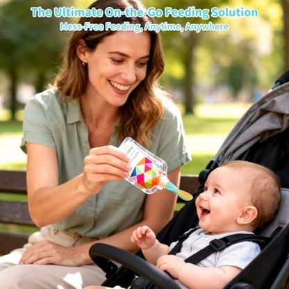 Ten pack of premium silicone baby spoons for pouches organized by pairs of vibrant colors with travel bag.