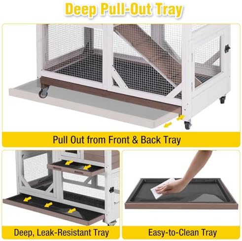 Aivituvin 39.3" Large 2-Story Rabbit Hutch, Indoor Outdoor Bunny Cage with Chew-Proof Ramp, Leak-Proof & Easy-to-Clean Tray, Lockable Wheels, for Rabbits & Guinea Pigs - Image 5