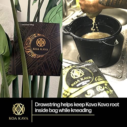 Koa Kava food grade nylon filter bag highlighting the secure drawstring closure mechanism.