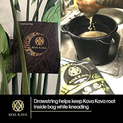 Koa Kava food grade nylon filter bag highlighting the secure drawstring closure mechanism.