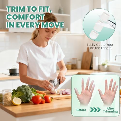 Trimmable gel caps being adjusted for arthritis and trigger finger protection