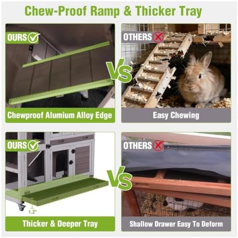 GUTINNEEN Rabbit Hutch Mobile Bunny Cage with Large Wheels, Chewproof Ramp, Leak Proof Trays - Ideal Cage for Rabbits, Guinea Pigs, Indoor/Outdoor Use, 44" L x 20" W x 41.5" H - Image 6