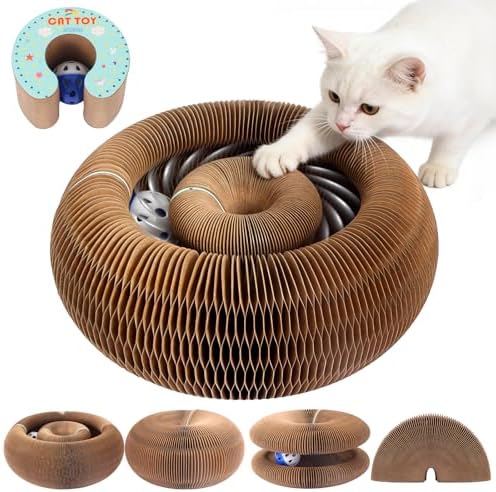 ACEDIGI cardboard accordion scratcher being stretched open into an extended tunnel shape