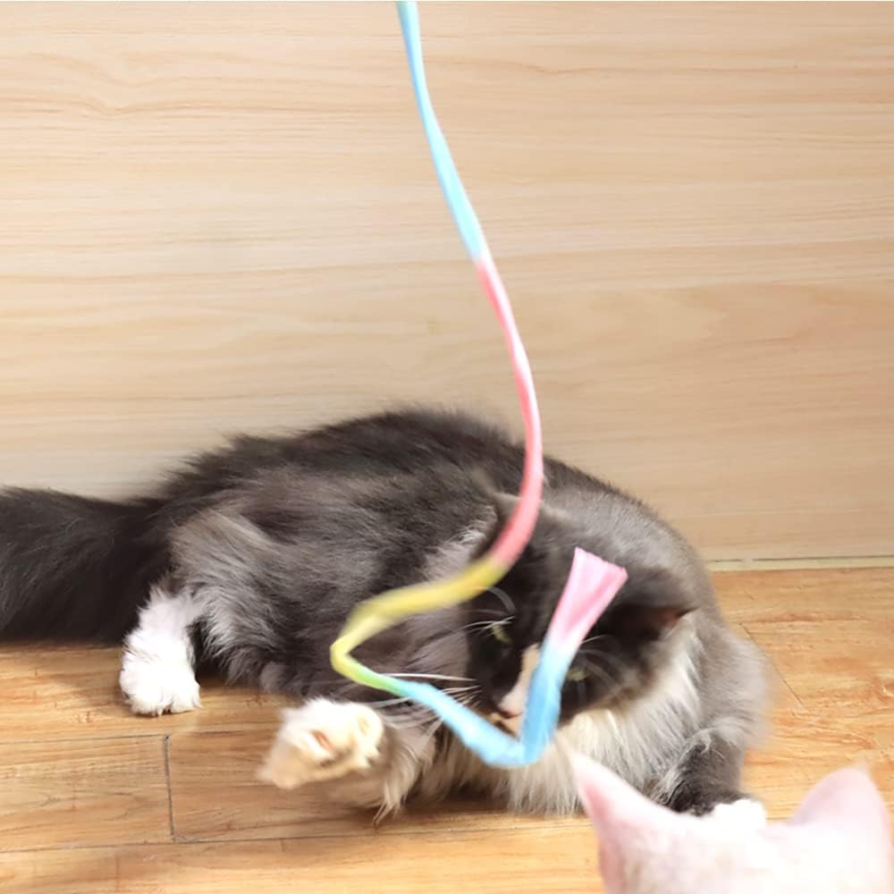 LASOCUHOO cat string toy packaging highlighting the colorful teaser ribbons for indoor cats