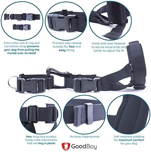 GoodBoy grey medium muzzle package details including the included pet behavioral training guide