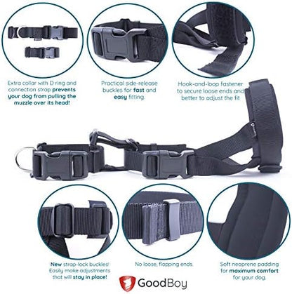 GoodBoy grey medium muzzle package details including the included pet behavioral training guide