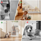 Heavy duty steel cat gate with extension kits for wide stairways.