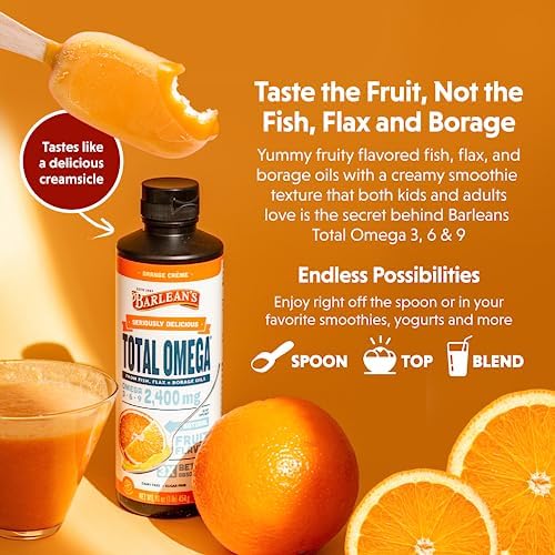 Back label of Barleans Total Omega 3 6 9 Liquid Fish Oil displaying the nutritional facts and ingredients list