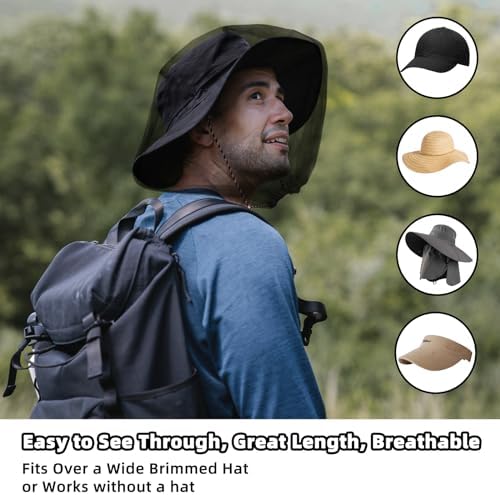Person wearing mosquito head net while camping