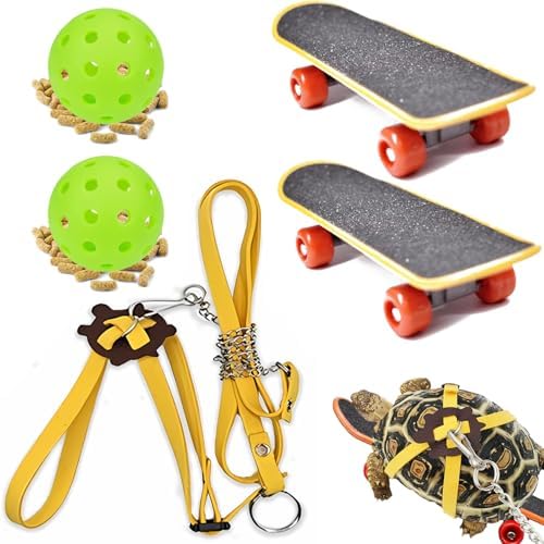 Adjustable reptile walking leash and padded leather harness layout for small tortoises