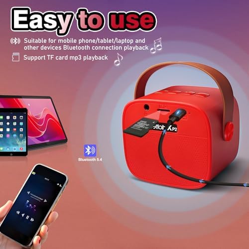 Red electronic karaoke toy console demonstrating the back panel ports including TF card slot