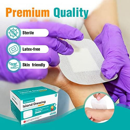 Individually wrapped General Medi island gauze dressings showing clean packaging for sterile application