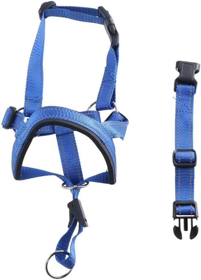 Barkless large dog training harness highlighting the heavy duty metal leash connection under the chin