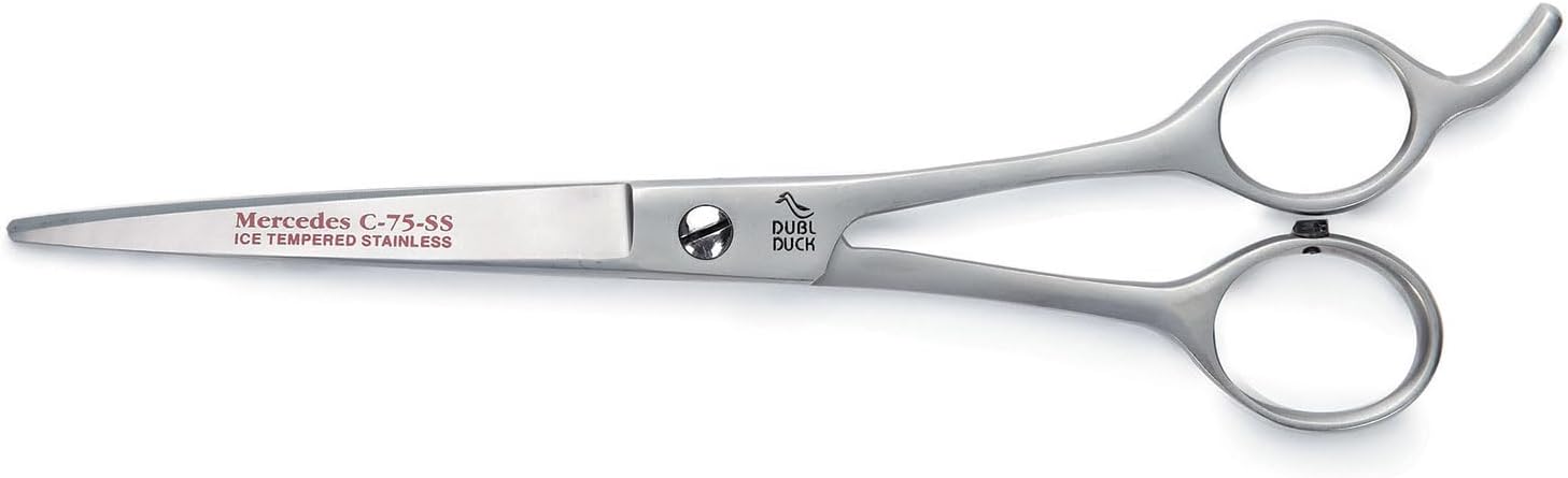 Close up of 7.5 inch Mercedes 14SC curved pet scissors