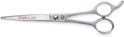 Close up of 7.5 inch Mercedes 14SC curved pet scissors