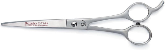 Close up of 7.5 inch Mercedes 14SC curved pet scissors